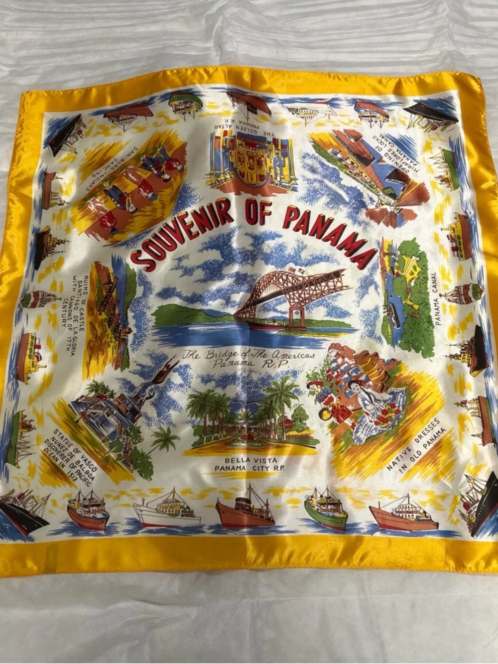 Souvenir of Panama Yellow Border Scenic Silk Scarf